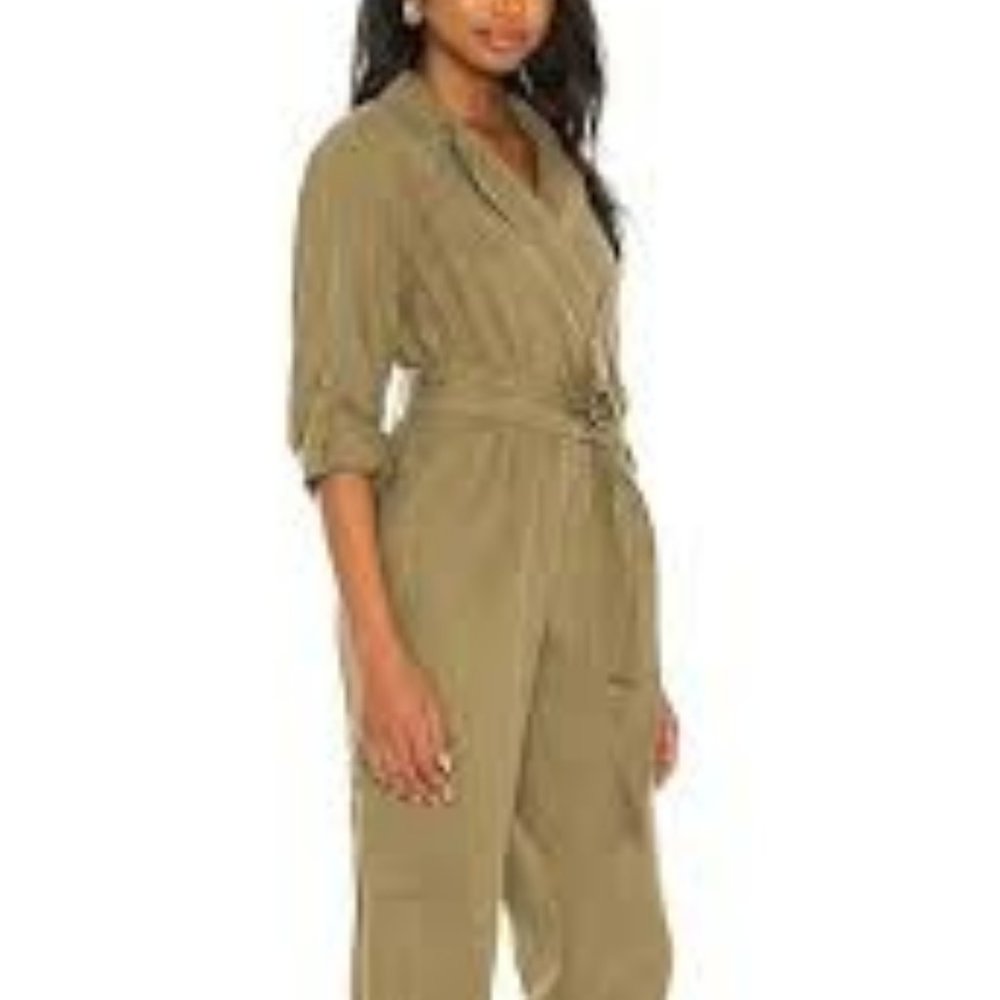 Alice + Olivia Bessie Notch-Collar Front Zipper Cargo Pant Jumpsuit Green